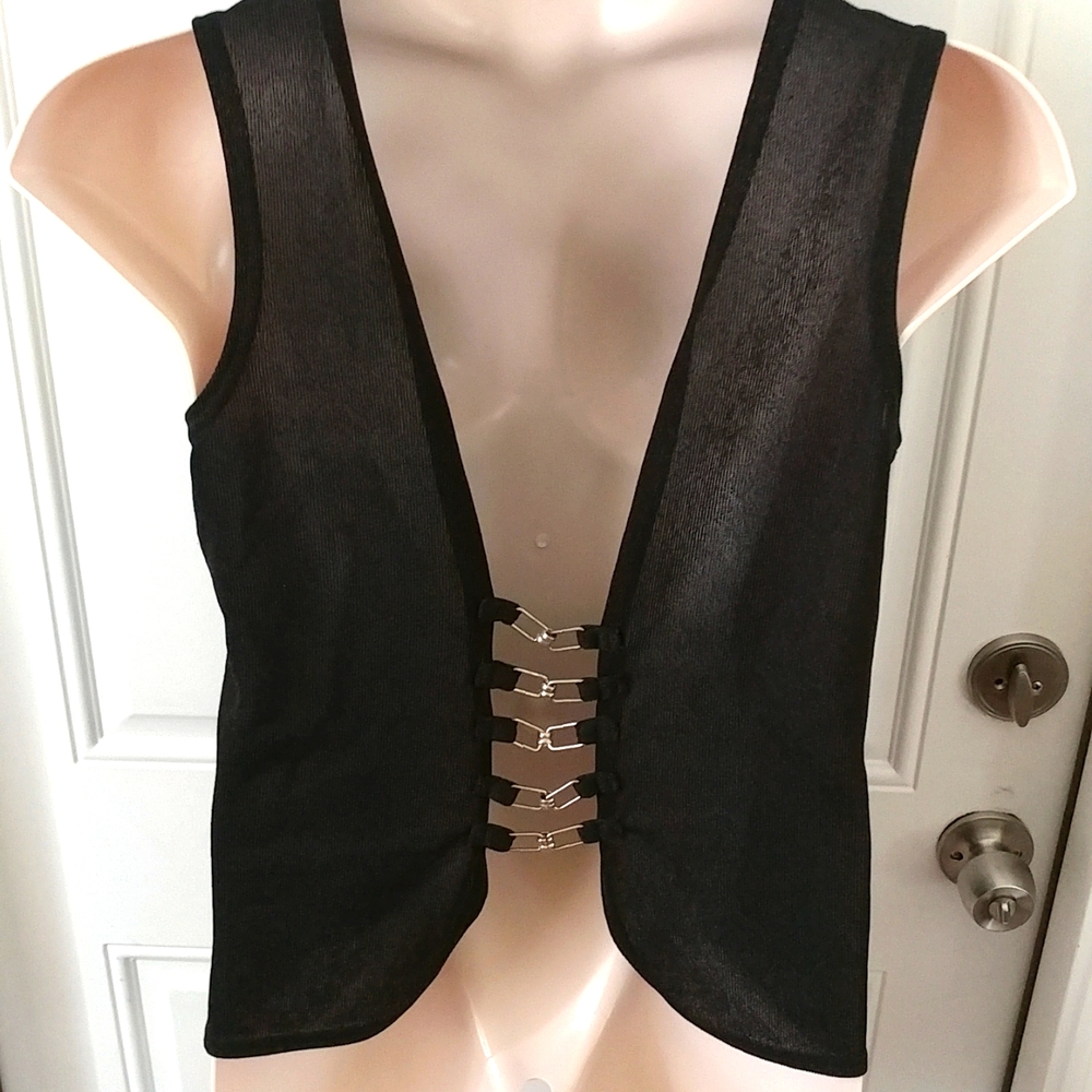 Miguel's Black Semi-sheer Knit Vest Silver Chain Closures M